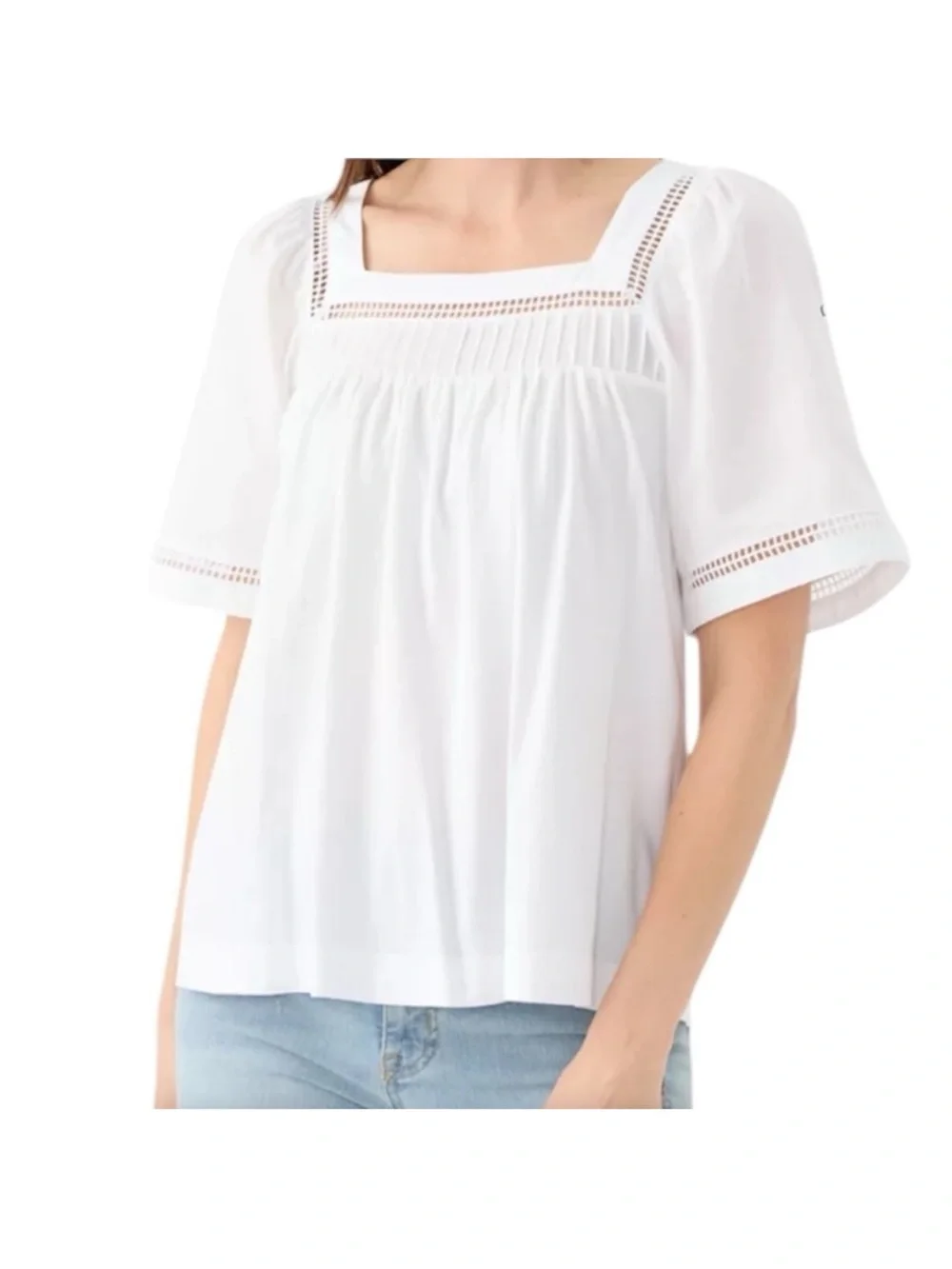 Banana Republic White Square-Neck Cotton Eyelet Trim Embroidered Blouse Medium